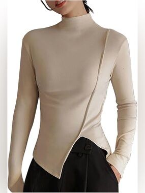 Commense Asymmetric Seam High-Neck Long Sleeve Top - Cream